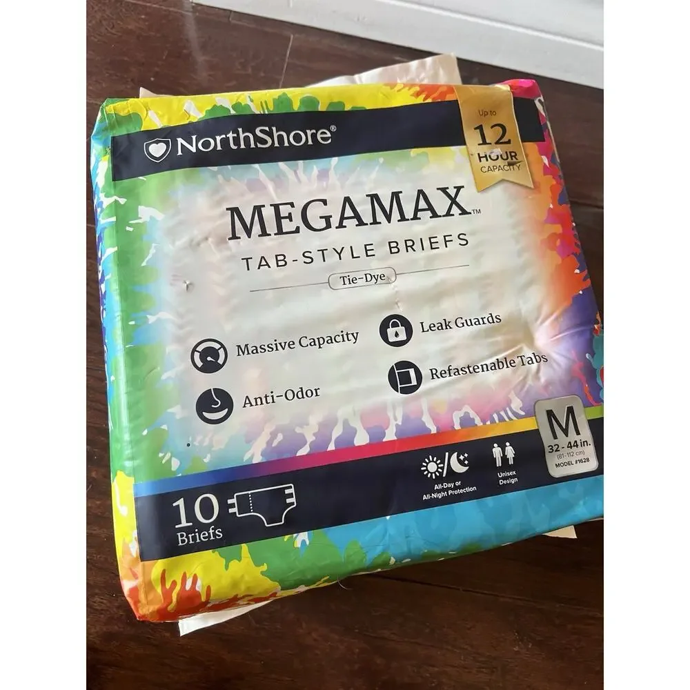 NorthShore MEGAMAX TAB-STYLE BRIEFS Tie-Dye 10 Adult Diapers Sz M 32-44in 12 Hrs